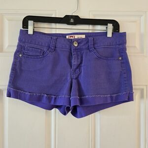 LEI Ashley Low Rise Shorts Purple Denim Distressed Cuffed Hem Juniors Size 9